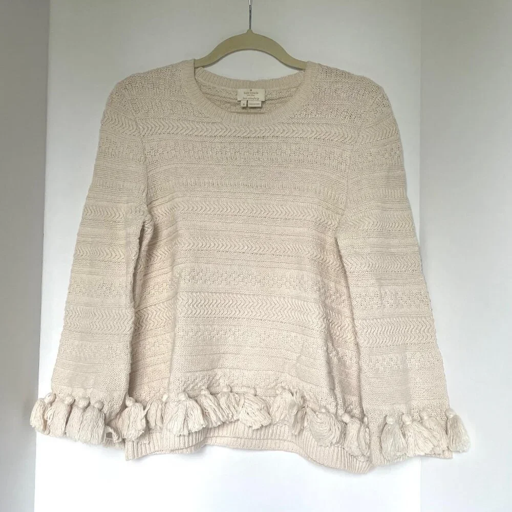 Kate Spade Womens Medium Beige Cotton Chunky Knit Sweater Pompom Hem Crewneck